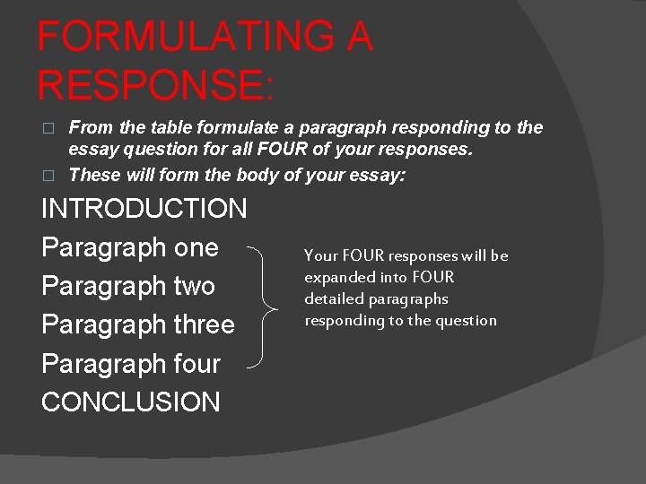 FORMULATING A RESPONSE: From the table formulate a paragraph responding to the essay question