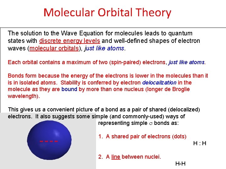 Molecular Orbital Theory The solution to the Wave Equation for molecules leads to quantum