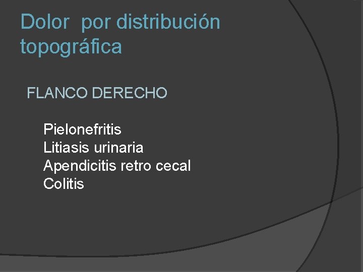 Dolor por distribución topográfica FLANCO DERECHO Pielonefritis Litiasis urinaria Apendicitis retro cecal Colitis 