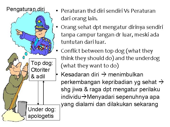 Pengaturan diri • Peraturan thd diri sendiri Vs Peraturan dari orang lain. • Orang