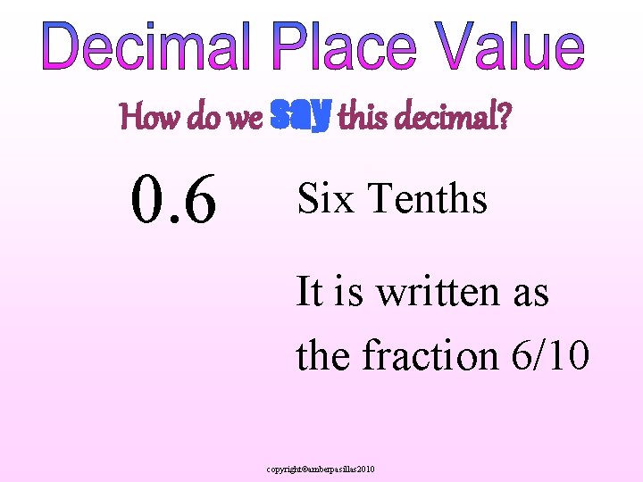 How do we say this decimal? 0. 6 Six Tenths It is written as