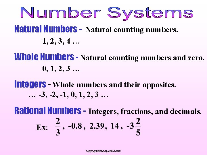 Natural Numbers - Natural counting numbers. 1, 2, 3, 4 … Whole Numbers -