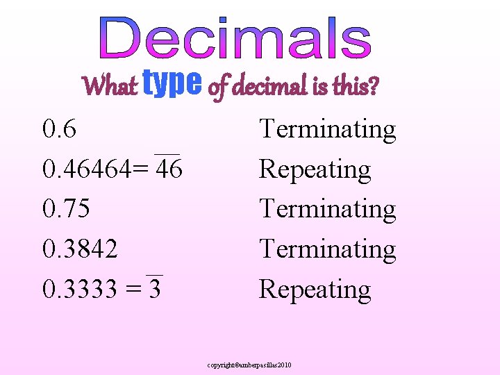 What type of decimal is this? 0. 6 0. 46464= 46 0. 75 0.