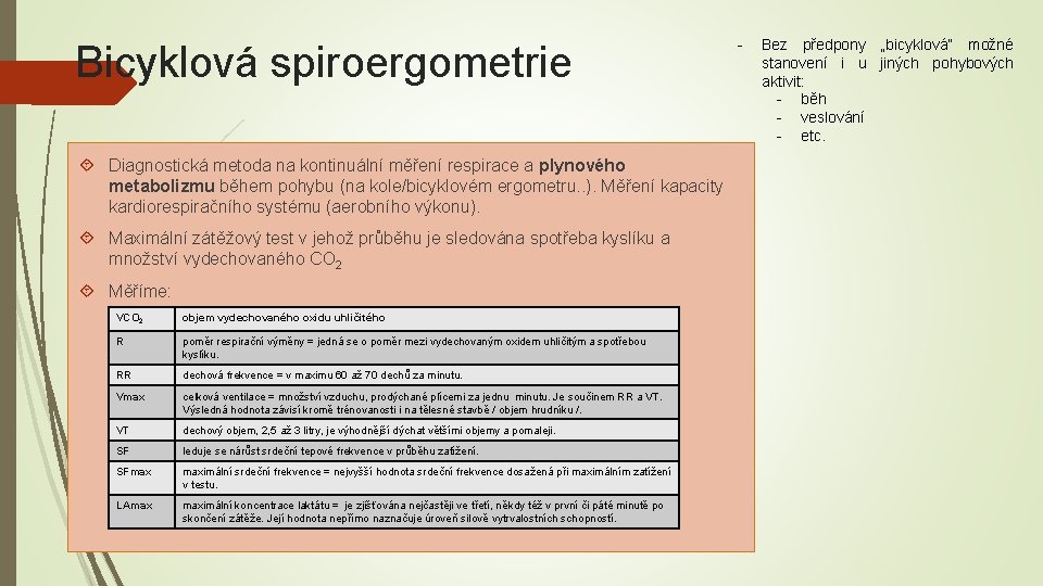 Bicyklová spiroergometrie Diagnostická metoda na kontinuální měření respirace a plynového metabolizmu během pohybu (na