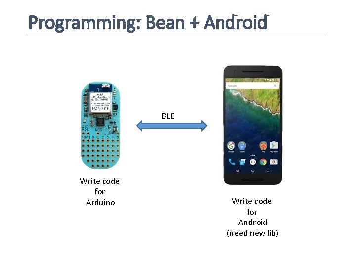 Programming: Bean + Android BLE Write code for Arduino Write code for Android (need