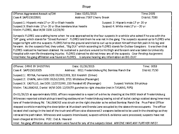 Prue Offense: Aggravated Assault w/DW Case #: SAPD 15023591 Date: 02/01/2015 Address: 7307 Cherry