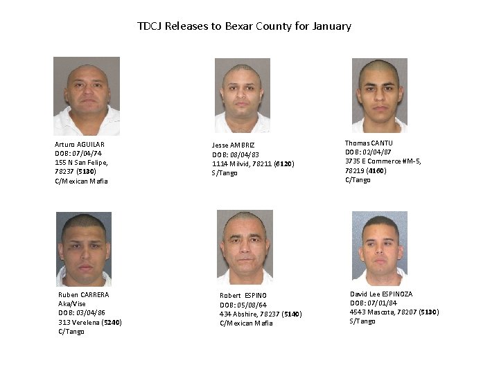 TDCJ Releases to Bexar County for January Arturo AGUILAR DOB: 07/04/74 155 N San