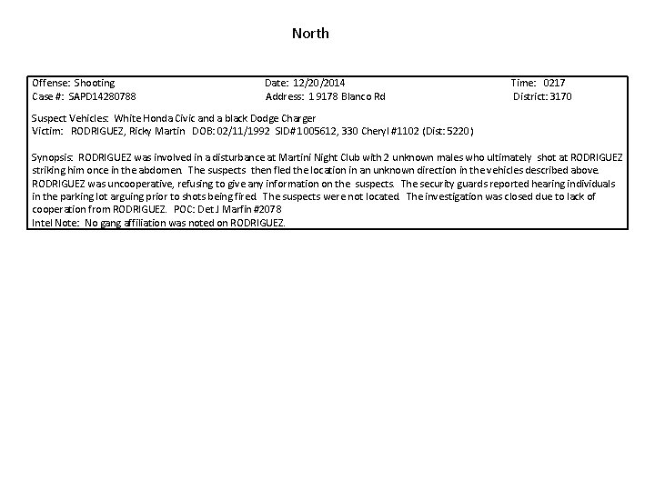 North Offense: Shooting Date: 12/20/2014 Time: 0217 Case #: SAPD 14280788 Address: 1 9178