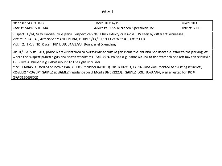 West Offense: SHOOTING Date: 01/16/15 Time: 0203 Case #: SAPD 15010744 Address: 9055 Marbach,