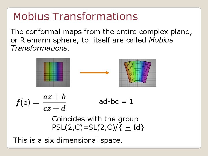 Mobius Transformations The conformal maps from the entire complex plane, or Riemann sphere, to