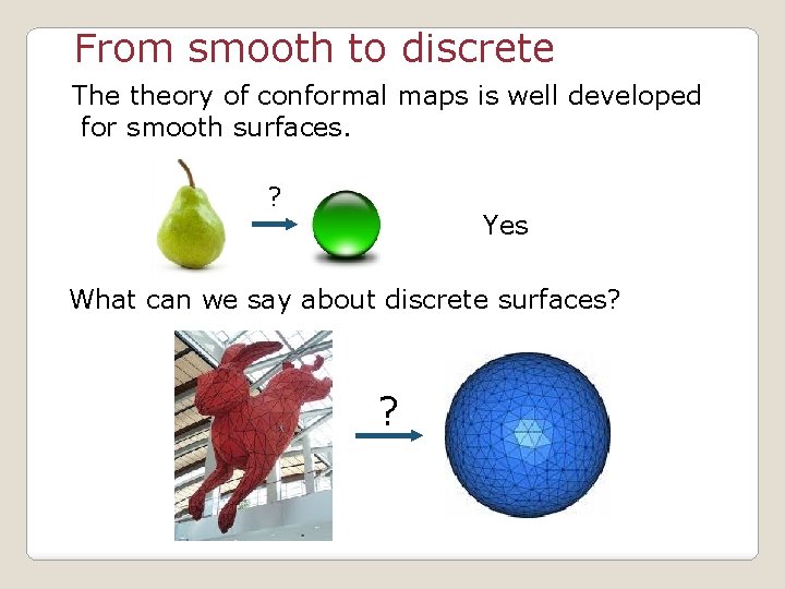 From smooth to discrete The theory of conformal maps is well developed for smooth
