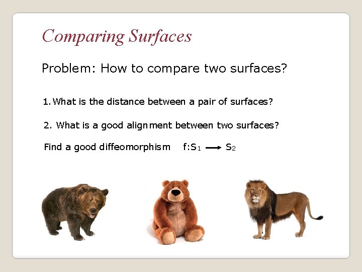 Comparing Surfaces Problem: How to compare two surfaces? 1. What is the distance between
