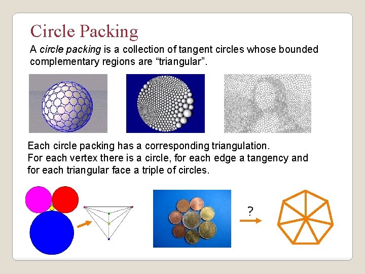 Circle Packing A circle packing is a collection of tangent circles whose bounded complementary