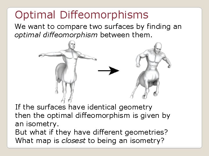 Optimal Diffeomorphisms We want to compare two surfaces by finding an optimal diffeomorphism between