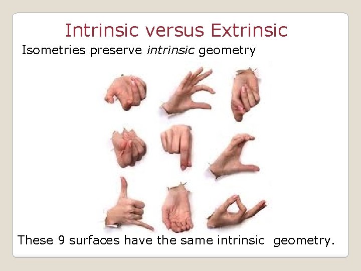 Intrinsic versus Extrinsic Isometries preserve intrinsic geometry These 9 surfaces have the same intrinsic