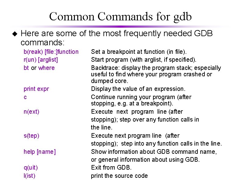 Common Commands for gdb u Here are some of the most frequently needed GDB