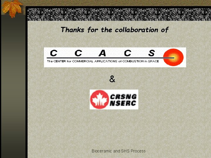 Thanks for the collaboration of & Bioceramic and SHS Process 