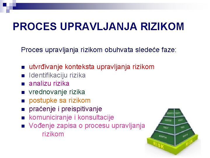 PROCES UPRAVLJANJA RIZIKOM Proces upravljanja rizikom obuhvata sledeće faze: n n n n utvrđivanje