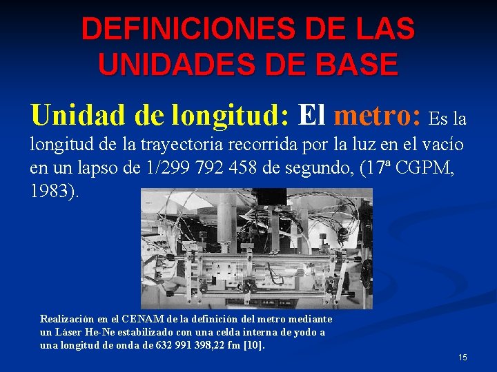 DEFINICIONES DE LAS UNIDADES DE BASE Unidad de longitud: El metro: Es la longitud