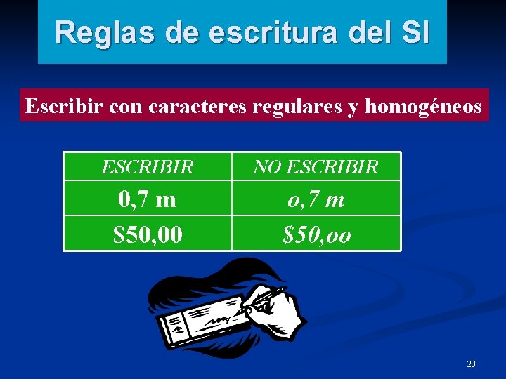 Reglas de escritura del SI Escribir con caracteres regulares y homogéneos ESCRIBIR NO ESCRIBIR