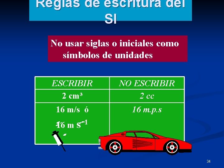 Reglas de escritura del SI No usar siglas o iniciales como símbolos de unidades