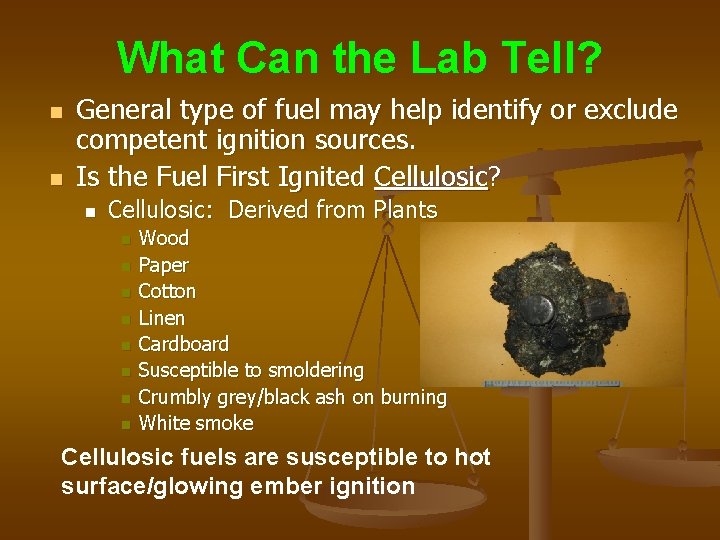 What Can the Lab Tell? n n General type of fuel may help identify