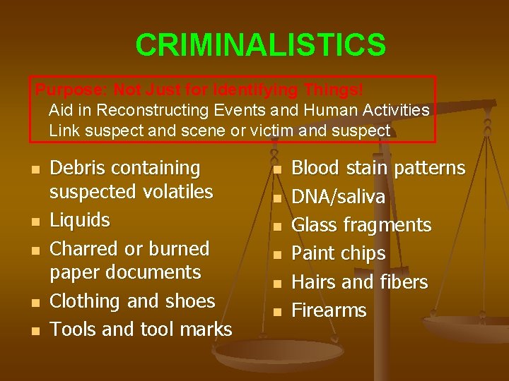 CRIMINALISTICS Purpose: Not Just for Identifying Things! Aid in Reconstructing Events and Human Activities
