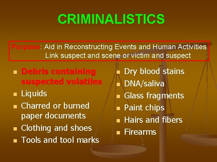 CRIMINALISTICS Purpose: Aid in Reconstructing Events and Human Activities Link suspect and scene or