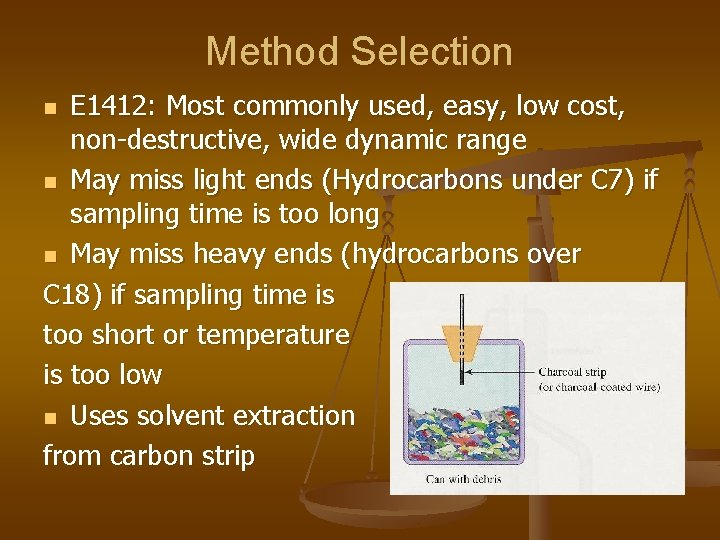 Method Selection E 1412: Most commonly used, easy, low cost, non-destructive, wide dynamic range