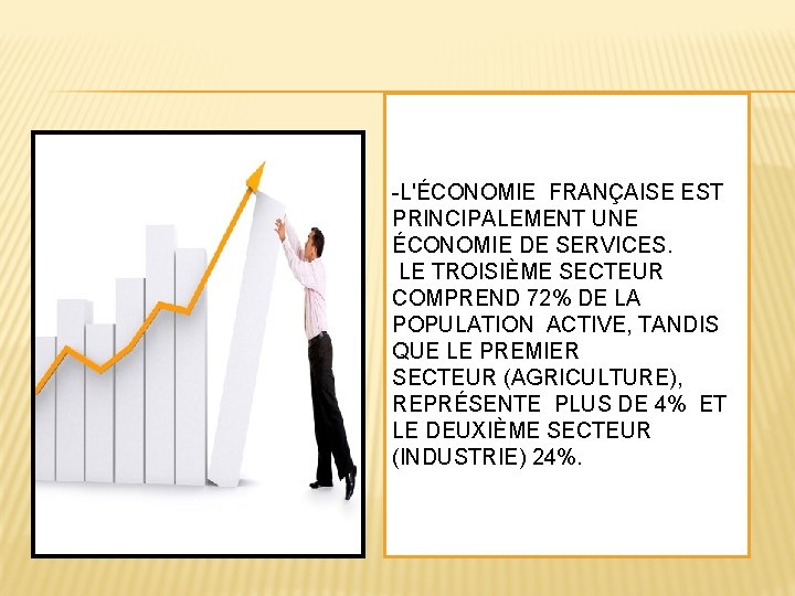 -L'ÉCONOMIE FRANÇAISE EST PRINCIPALEMENT UNE ÉCONOMIE DE SERVICES. LE TROISIÈME SECTEUR COMPREND 72% DE