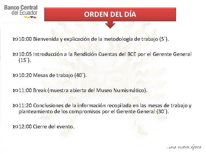 ORDEN DEL DÍA 10: 00 Bienvenida y explicación de la metodología de trabajo (5´).