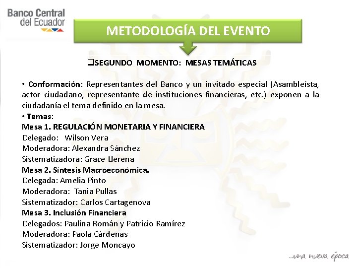 METODOLOGÍA DEL EVENTO q. SEGUNDO MOMENTO: MESAS TEMÁTICAS • Conformación: Representantes del Banco y