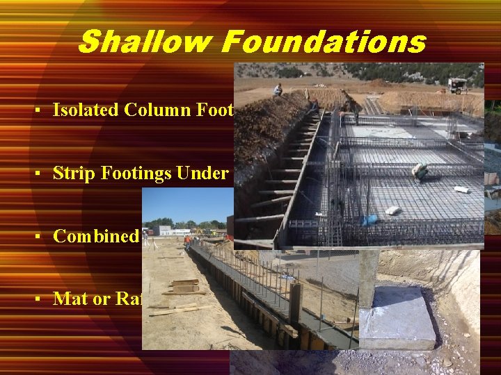 Shallow Foundations ▪ Isolated Column Footings ▪ Strip Footings Under Walls ▪ Combined Footings
