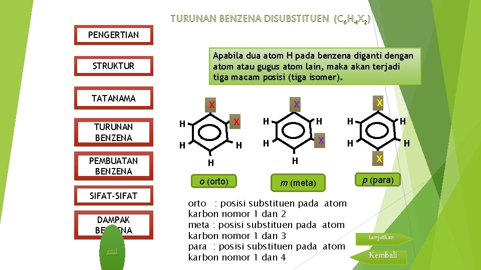 TURUNAN BENZENA DISUBSTITUEN (C 6 H 4 X 2) PENGERTIAN Apabila dua atom H