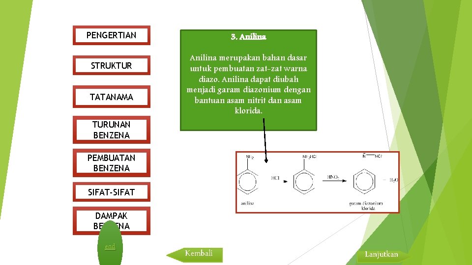 3. Anilina PENGERTIAN STRUKTUR TATANAMA Anilina merupakan bahan dasar untuk pembuatan zat-zat warna diazo.