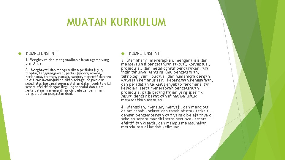 MUATAN KURIKULUM KOMPETENSI INTI 1. Menghayati dan mengamalkan ajaran agama yang dianutnya 3. Memahami,