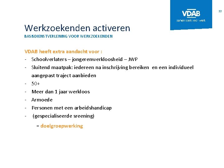 22 Werkzoekenden activeren BASISDIENSTVERLENING VOOR WERKZOEKENDEN VDAB heeft extra aandacht voor : - Schoolverlaters