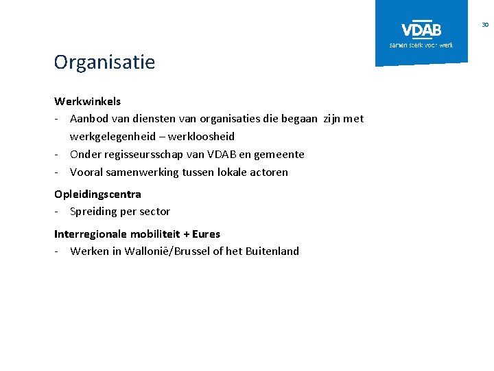 30 Organisatie Werkwinkels - Aanbod van diensten van organisaties die begaan zijn met werkgelegenheid