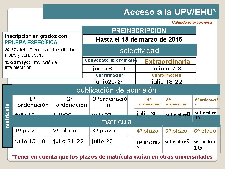 Acceso a la UPV/EHU* Calendario provisional PREINSCRIPCIÓN Hasta el 18 de marzo de 2016