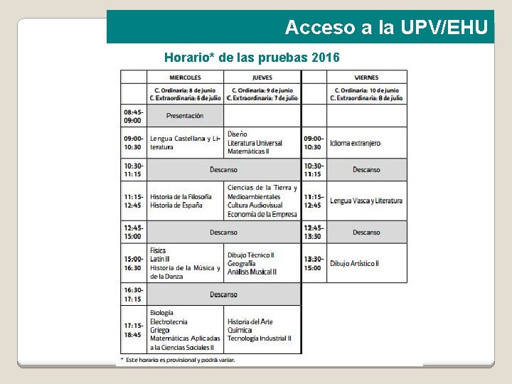 Acceso a la UPV/EHU Horario* de las pruebas 2016 