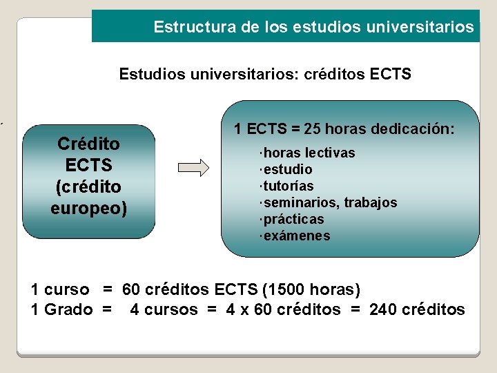 Estructura de los estudios universitarios Estudios universitarios: créditos ECTS ´ Crédito ECTS (crédito europeo)