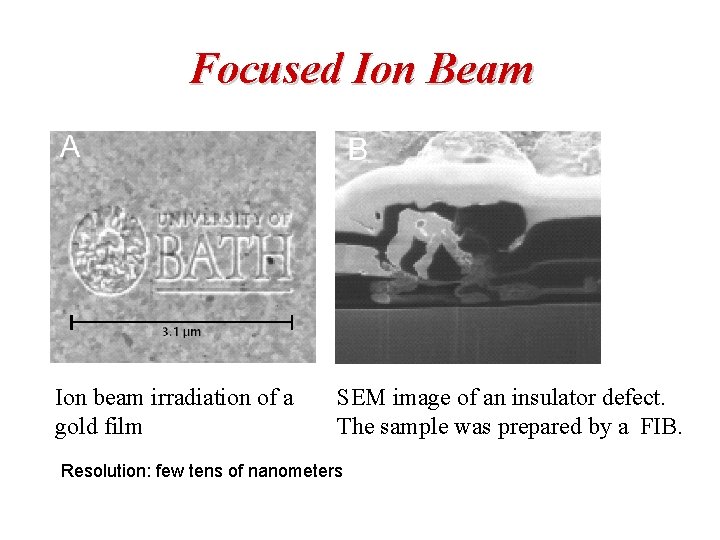 Focused Ion Beam Ion beam irradiation of a gold film SEM image of an