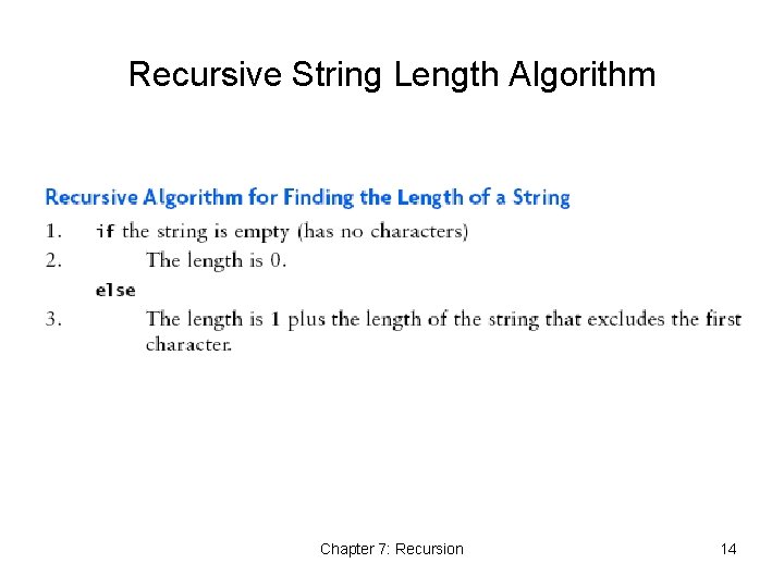 Recursive String Length Algorithm Chapter 7: Recursion 14 