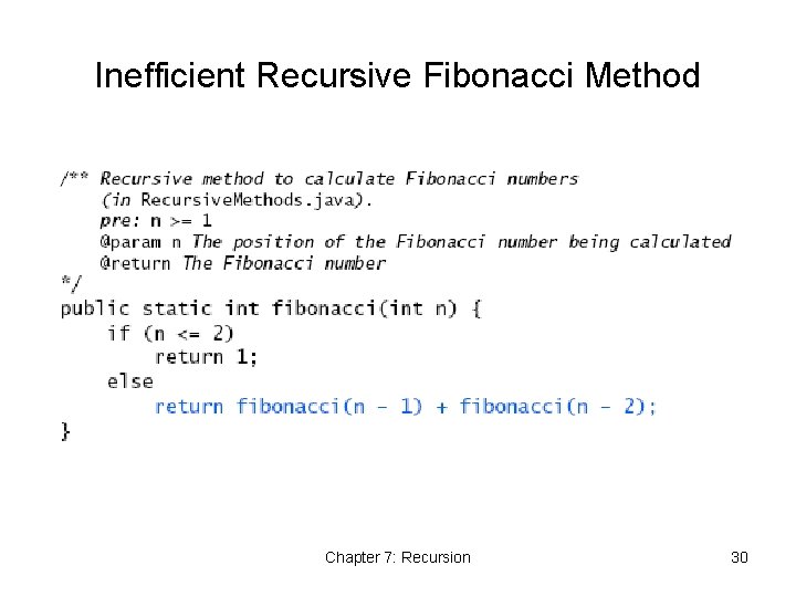 Inefficient Recursive Fibonacci Method Chapter 7: Recursion 30 