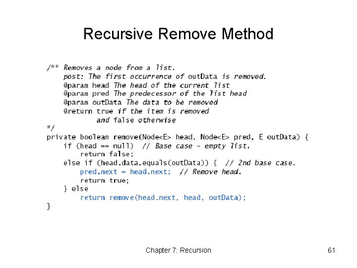 Recursive Remove Method Chapter 7: Recursion 61 Recursive Remove Method Chapter 7: Recursion 61