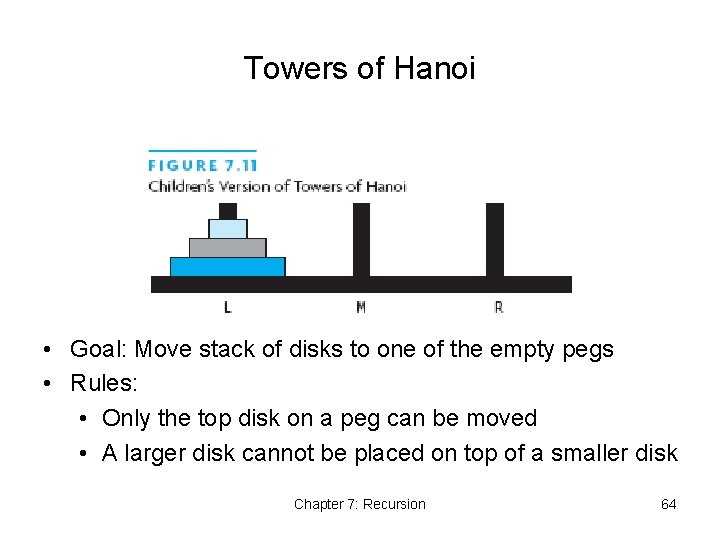 Towers of Hanoi • Goal: Move stack of disks to one of the empty