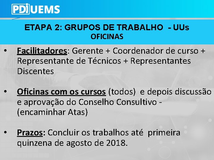ETAPA 2: GRUPOS DE TRABALHO - UUs OFICINAS • Facilitadores: Gerente + Coordenador de