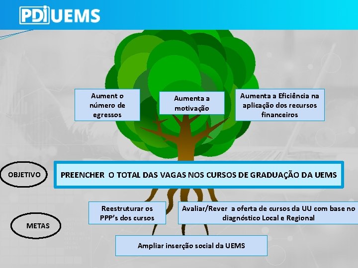 Aument o número de egressos OBJETIVO METAS Aumenta a motivação Aumenta a Eficiência na