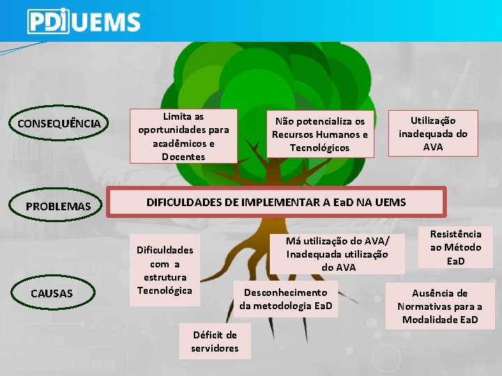 CONSEQUÊNCIA PROBLEMAS CAUSAS Limita as oportunidades para acadêmicos e Docentes Não potencializa os Recursos