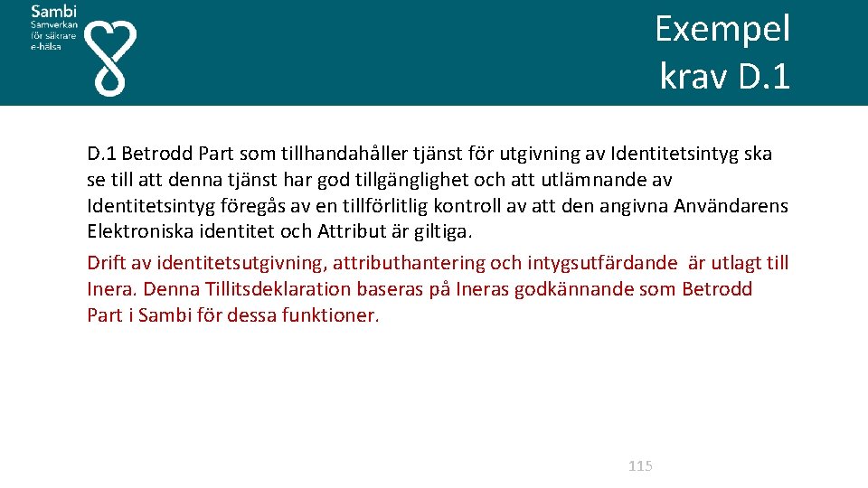 Exempel krav D. 1 Betrodd Part som tillhandahåller tjänst för utgivning av Identitetsintyg ska